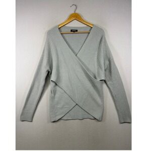 Cozy Balletcore Express Women Large Gray Ribbed Surplice Wrap Front Knit Sweater